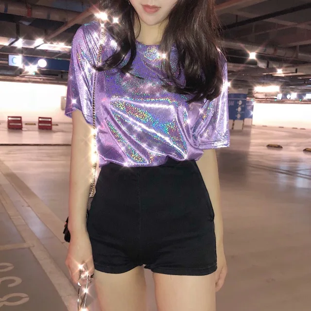 Nové Populárne Módne retro módne svetlé hodvábne lesklá voľné žena T-shirt roztomilý ženy tričko Voľné Kórea streetwear lady topy