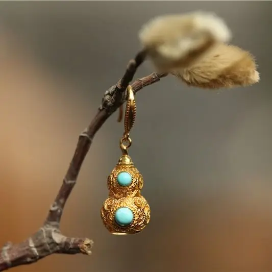 Nové SNew striebrom vykladané tyrkysové náušnice malé tekvica Čínsky retro štýl vydlabaných kúzlo ženy značky šperky