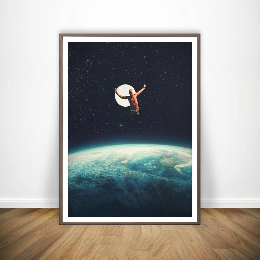 Nočnú Oblohu Umenie Výtlačkov Zemi Plátno Plagáty Surrealizmus Galaxy Priestor Mesiac Plátno Na Maľovanie Plávanie Kozmického Obrazov Na Stenu Sci-Fi Dekor