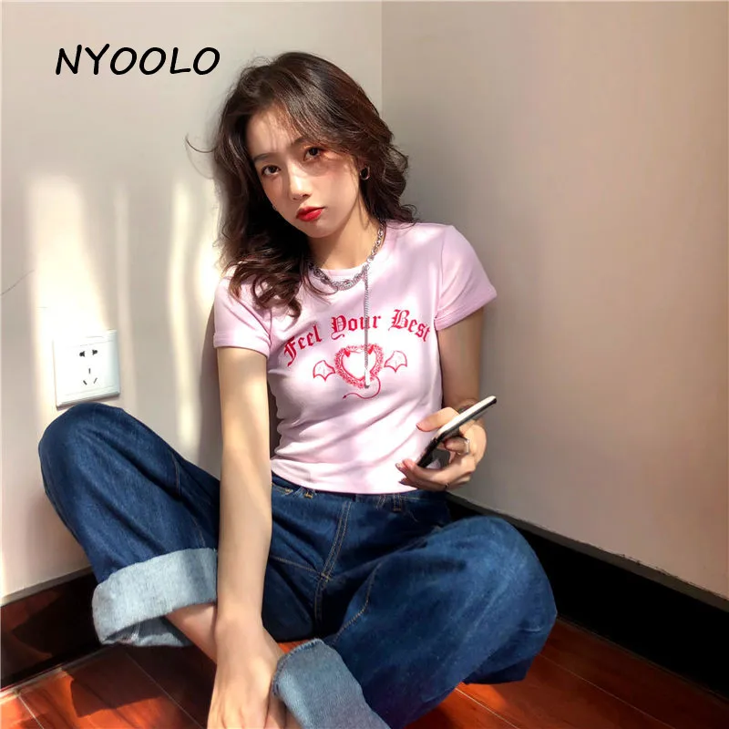 NYOOLO Harajuku štýl srdce krídla Gotický listov tlač Tenký, krátky rukáv, ružová T-shirt ženy 2020 lete O-neck tee tričko topy