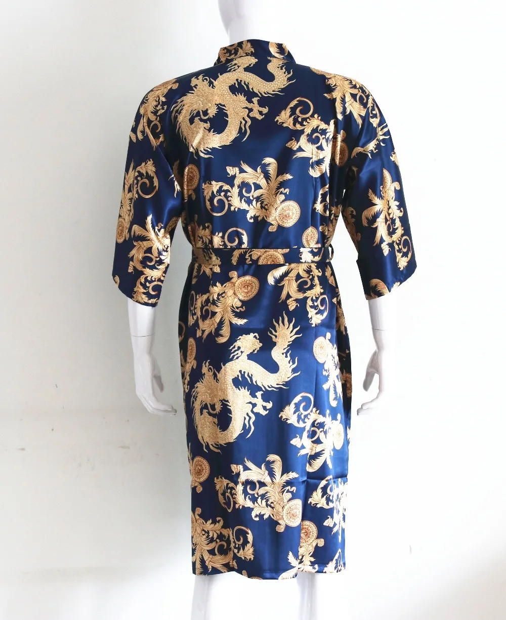 Námornícka Modrá Čínsky Retro pánske Oblečenie Bežné Sleepwear Satin Rayon Odev Vytlačené Dragon Župan Kimono Šaty Negližé