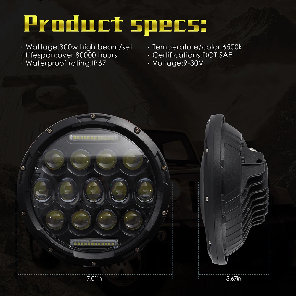 Okrúhle LED Auto Svetlomety 300W 7 Palcov Auto Led Svetlá Žiarovka Led Svetlo, 6500K Auto Svetlomet 9-30V pre Jeep