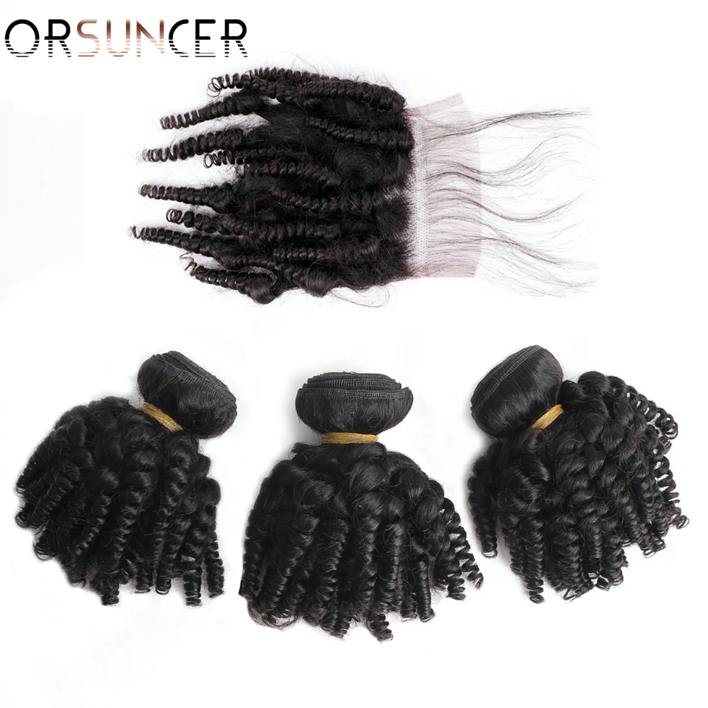 ORSUNCER Skákacie Kučeravé Ľudské Vlasy Zväzky s Uzáverom Peruánskej Afro Funmi Ľudské Vlasy Non-Remy Funmi predlžovanie Vlasov Stredné Pomer