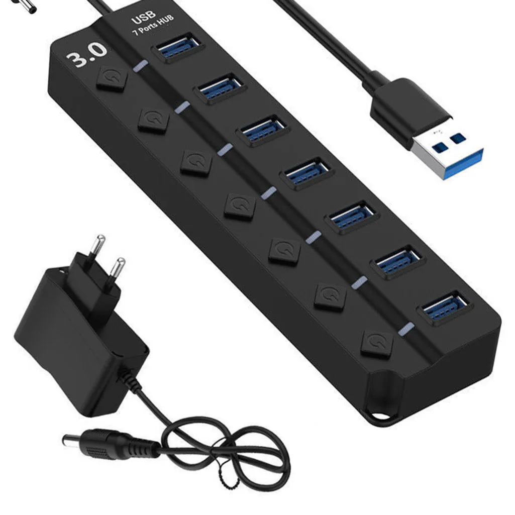 Ouhaobin USB ROZBOČOVAČ USB 3.0, USB 2.0 7 Port 5Gbps Vysoká Rýchlosť Na Vypnutie Prepínače Napájací Adaptér Pre PC