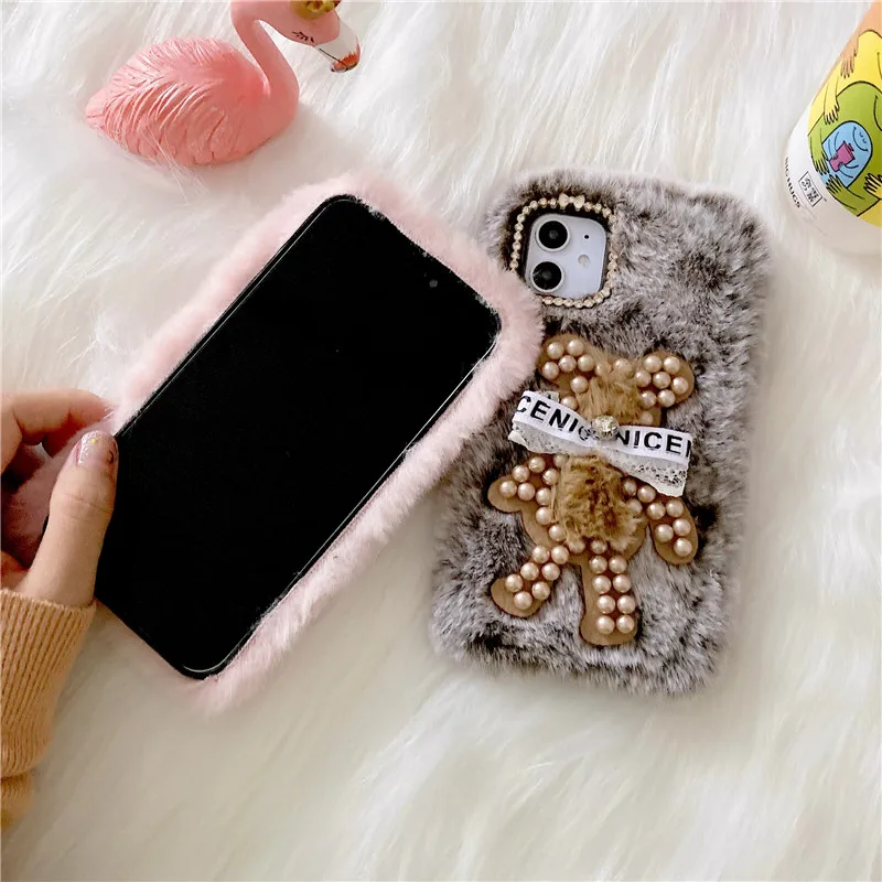 Pearl Diamond Medveď Kožušiny Plyšový Telefón puzdro Pre iPhone 12 Mini 11 Pro Max 7 8 Plus X XR XS SE 2020 Králik Bunny Načechraný Mäkké Pokrytie
