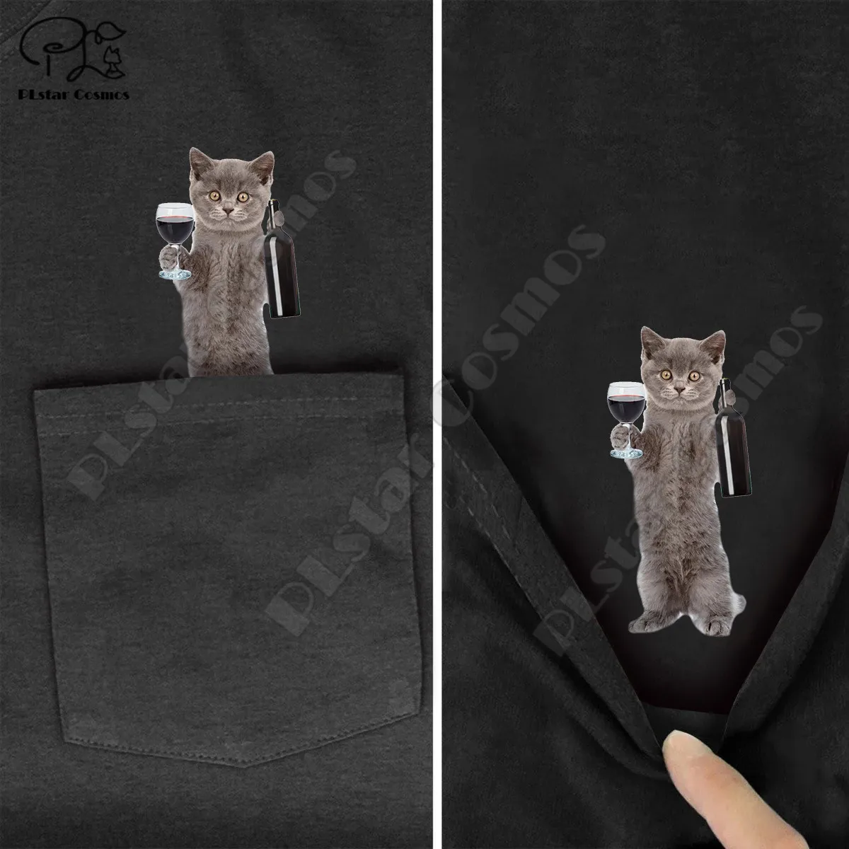PLstar Vesmíru T Shirt Módne letné vrecku Víno mačka vytlačené t-shirt mužov pre ženy, košele, topy zábavné bavlnenou tees štýl-1