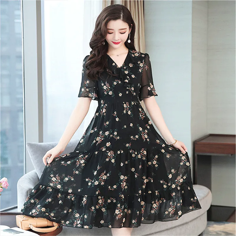 Plus Veľkosť 5XL 2019 kórejský Vintage Boho Midi Šaty Letné Čierne Kvetované Šifón Sundress Elegantné Ženy Krátky Rukáv Strany Vestidos