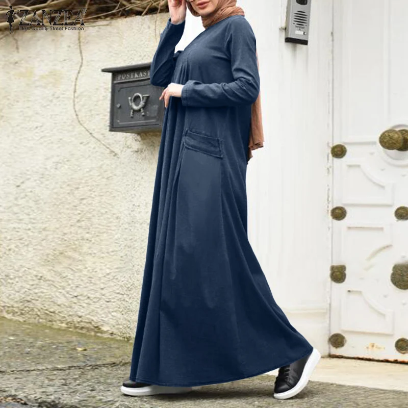 Plus Veľkosť Denim Modrá Sundress 2021 Jeseň Ženy Dubaj Abaya Dlhé Šaty Bežné Dlhý Rukáv Moslimské Oblečenie Voľné Vestidos Kaftan