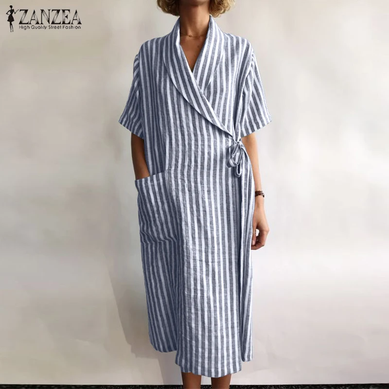 Plus Veľkosť dámske Letné Sundress ZANZEA 2021 Štýlový Pruhovaný Tričko Šaty Bežné Krátky Rukáv Midi Vestidos Žena Klope Župan