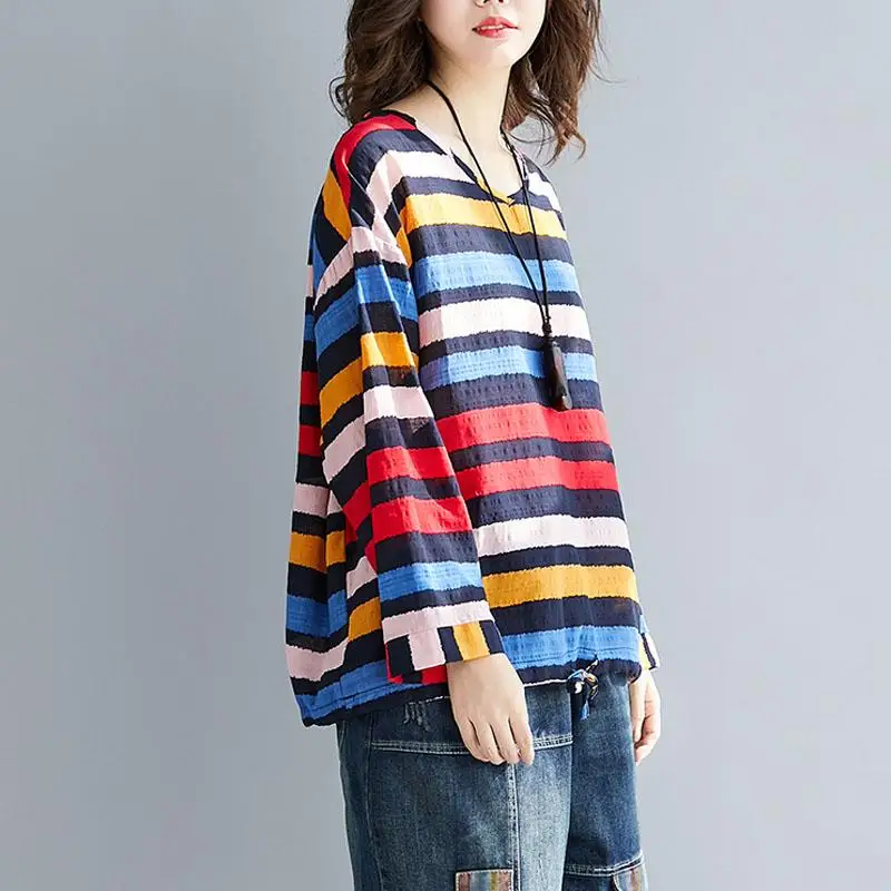 Plus Veľkosť Pruhované Tričko 2020 Lete Ženy Tričko Bavlna Bielizeň kórejský T-shirt Long Sleeve Tee Tričko Femme Voľné Topy Móde