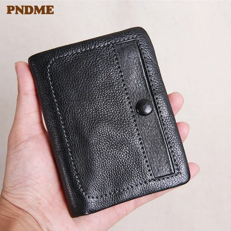 PNDME bežné návrhár luxusných originálne kožené pánske peňaženky ručné mäkké prvá vrstva cowhide mládež jednoduché čierne krátke malé kabelky