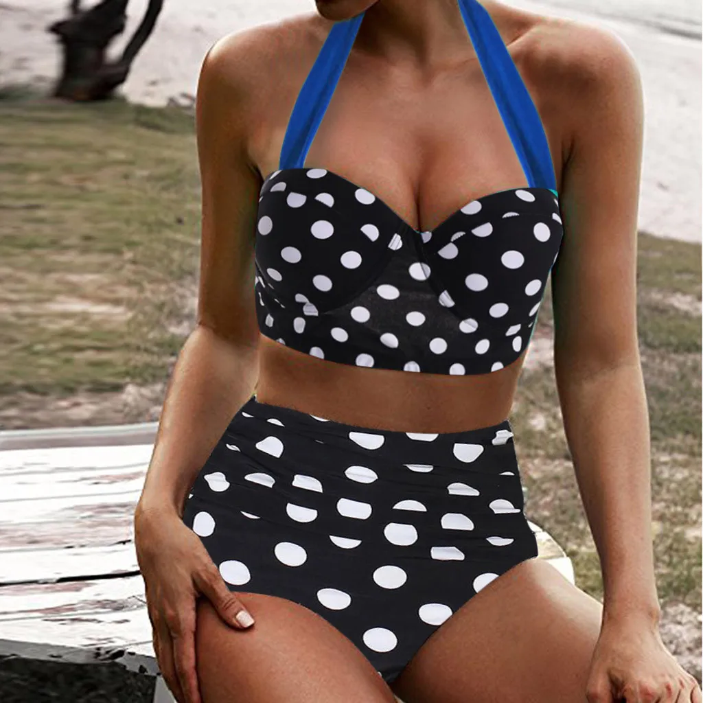 Polka-dot-šatka vysoký pás dvojdielne plavky Konzervatívny Split Plavky Bikiny Žien Retro Beachewear traje de ba o mujer