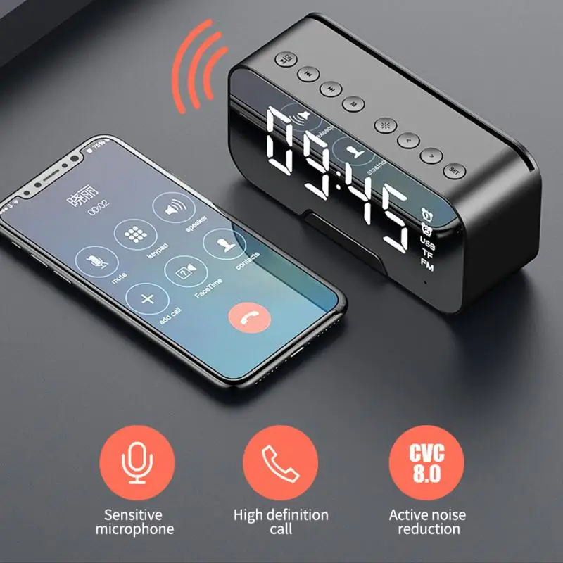 Prenosné Bezdrôtové Bluetooth5.0 Reproduktor Zrkadlo Duálny Budík Smart Reproduktor, FM Rádio Soundbar S Držiaka Telefónu, Podpora TF Kariet