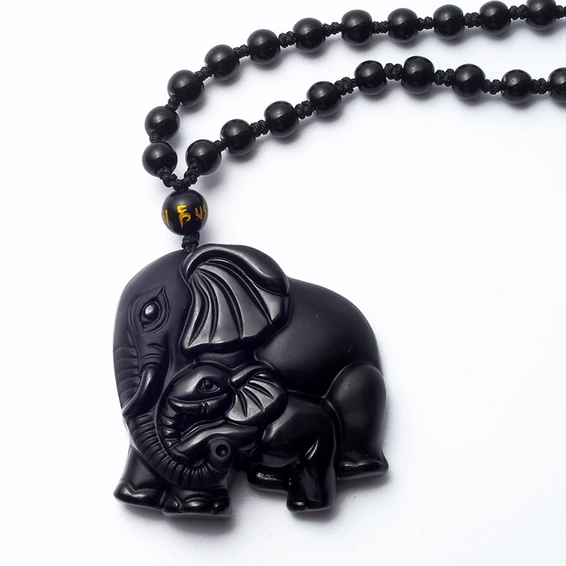 Prírodné Obsidian Ručne vyrezávané Náhrdelník Prívesok pre Mužov a Ženy Cute Elephant Šťastie Prívesok Perličiek Náhrdelník Šperky, Darčeky Amulet