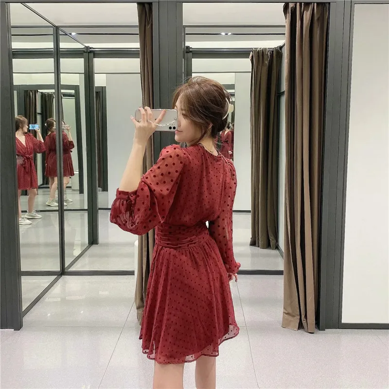 PSEEWE Červená Bodkovaná Sieťované Mini Šaty Žien 2020 Za Vintage Semi Obyčajné Dlhé Lístkového Rukáv Tylu Šaty Žena Viazaná Pás Elegantné Šaty