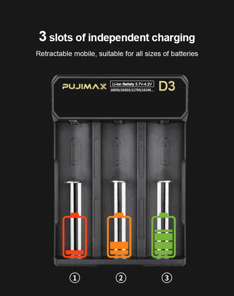 PUJIMAX 3-solt 18650 batéria, nabíjačka, USB kábel, rýchle nabíjanie 26650 18350 14500 26500 22650 Li-ion Nabíjateľnú Batériu, nabíjačku