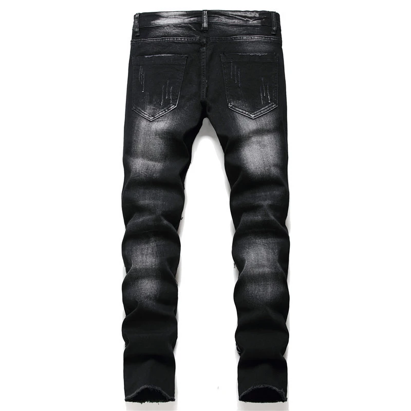 Pánske black lebky hviezdy vytlačené džínsy Streetwear tlačidlá lietať patchwork slim denim stretch okraji nohavice