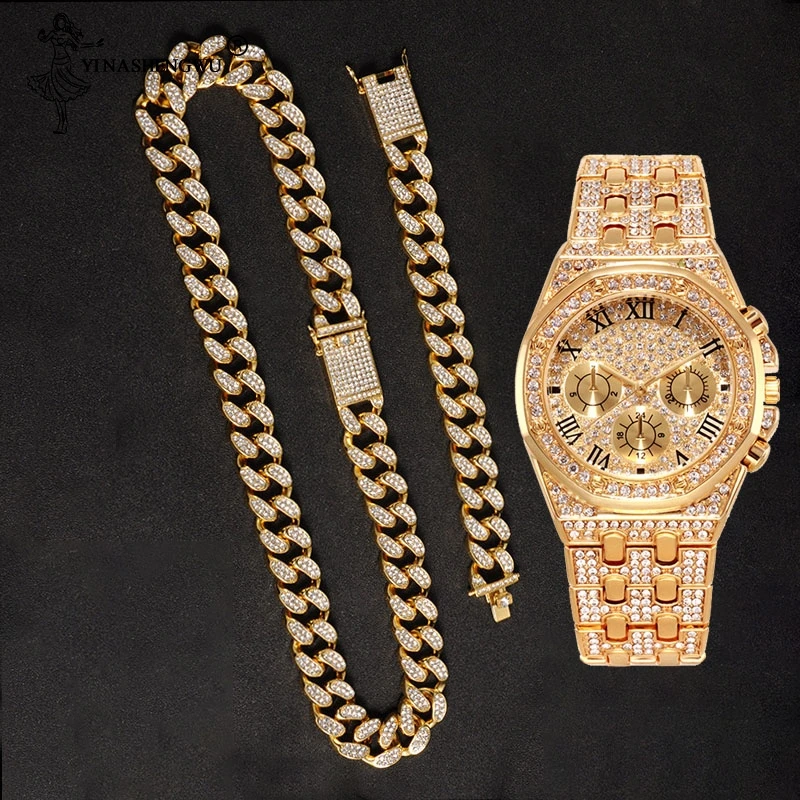 Pánske náramkové hodinky 2020 Muži Hodinky Top Značky Luxusné Bling Gold Color Šperky AAA Hip Hop Vodotesné Hodinky & Reťazca & Náramok Nastaviť