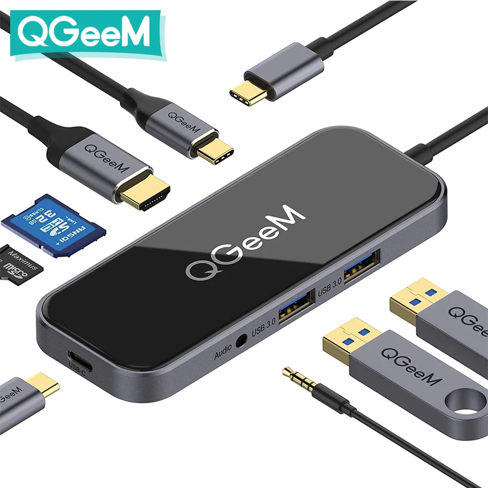 QGeeM 8 Portov USB C Rozbočovač pre Macbook Pro Air Rozbočovač USB 3.0 Adapter TF SD 3.5 mm PD Aux HDMI Typu C Rozbočovač pre iPad Pro PC Splitter Dock