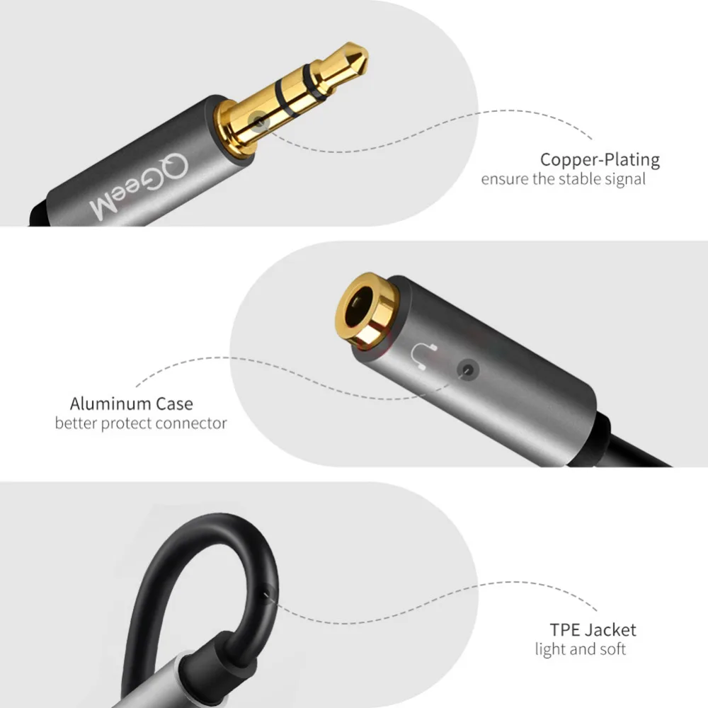 QGeeM Slúchadlá Predlžovací Kábel Jack 3,5 mm Audio Kábel Mužov a 2 Ženy Aux kábel Slúchadiel Splitter pre iPhone Samsung S9 PC P20