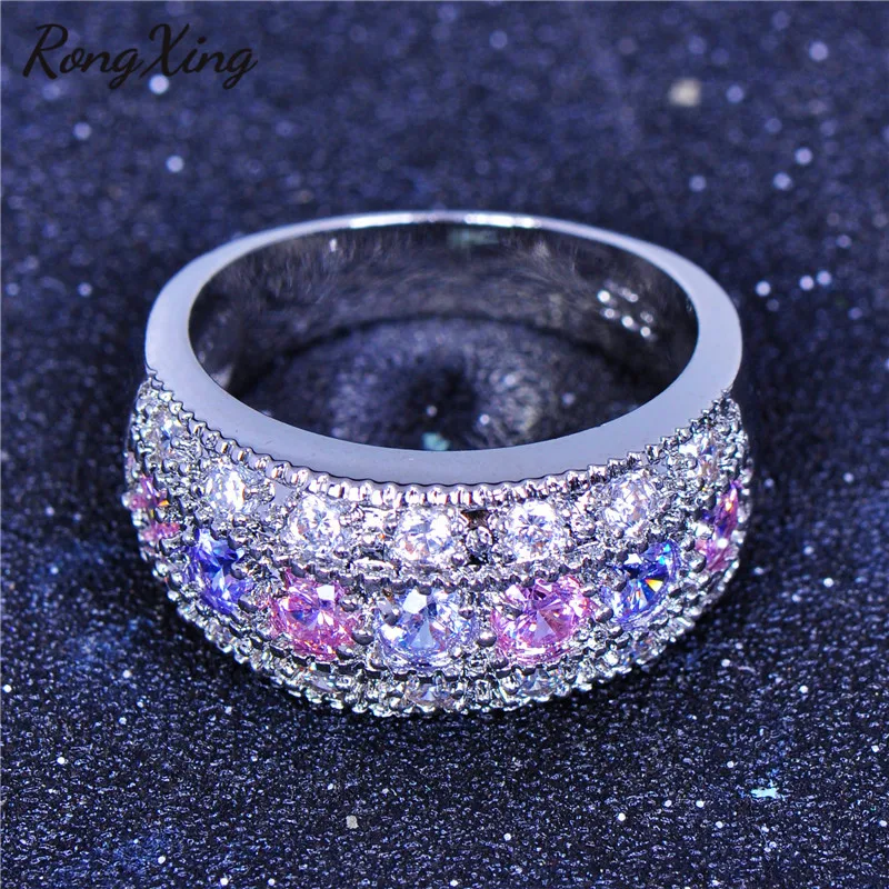 RongXing Malé Okrúhle Ružová/Fialová/Biela Crystal Zirkón Prstene pre Ženy, Strieborná Farba Birthstone Bling Ring Šperky