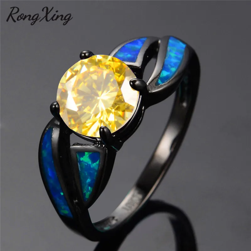 RongXing Nový Štýlový Ocean Blue Fire Opal Krúžok Kolo Čierne Zlato Naplnený Žltú Birthstone Prstene Pre Ženy Valentine Darčeky RB0277