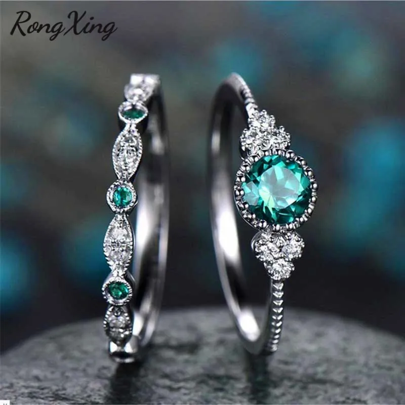 RongXing Zelená/Modrá Okrúhly Zirkón Zásnubný Prsteň pre Ženy, Strieborná Farba Birthstone Snubné Prstene Dvojité Prst