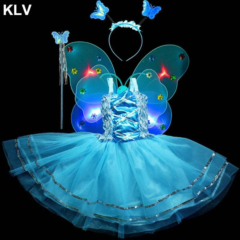 Rozprávkový Kostým Nastaviť Princezná Dievčatá bez Rukávov Dlho Tutu Šaty LED Double Layer Motýlích Krídel Prútik hlavový most Strany vo Veku 3-10