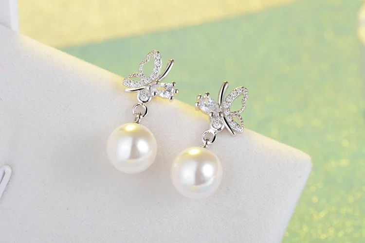 Roztomilý Motýľ Krištáľové Náušnice 925 Sterling Silver Prírodné Perly jednoradové Zirkón Bowknot Náušnice pre Ženy Pendientes bijoux