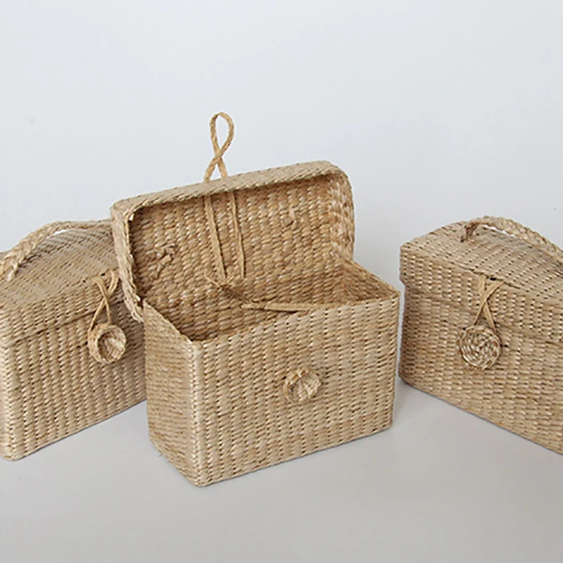Ručné Ratan Malý Úložný Box s Vekom pre Väčšinu Drobnosti Organizátor Vintage Slamený Košík na Šperky Prípade Kontajner