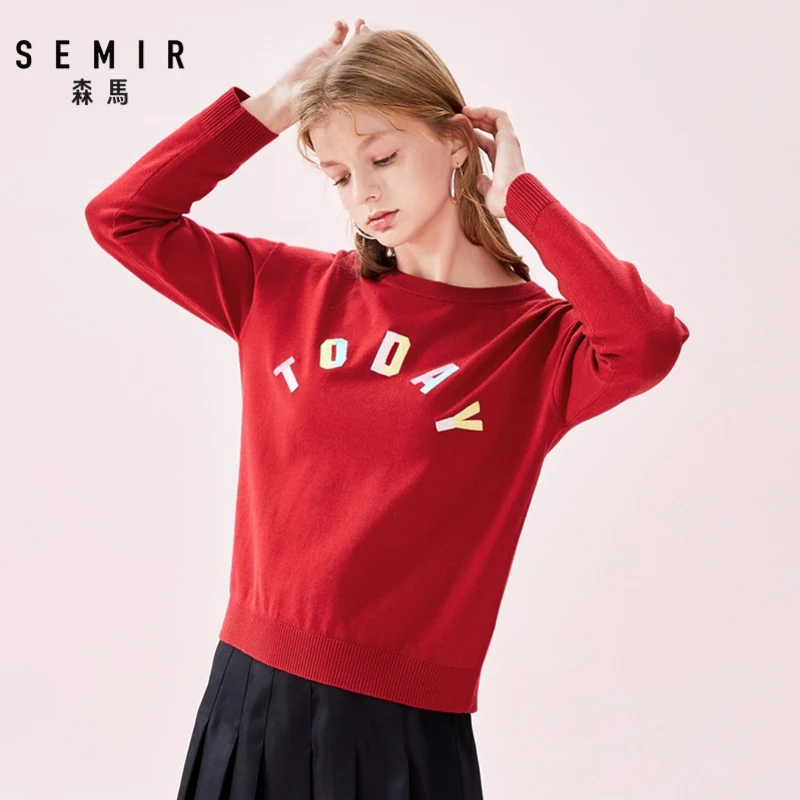 Semir Sveter žena 2019 jar a na jeseň nové kontrast farby výšivky pulóver malé čerstvé červený pletený sveter klesnutie