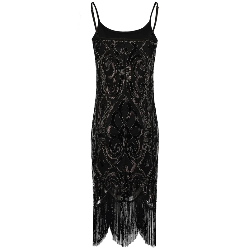 Sexy Čierna Sequin Fringe Cami Šaty Vintage Paisley Korálkové Bez Rukávov Veľký Gatsby Krídlovky Šaty Žien Malé Čierne Šaty