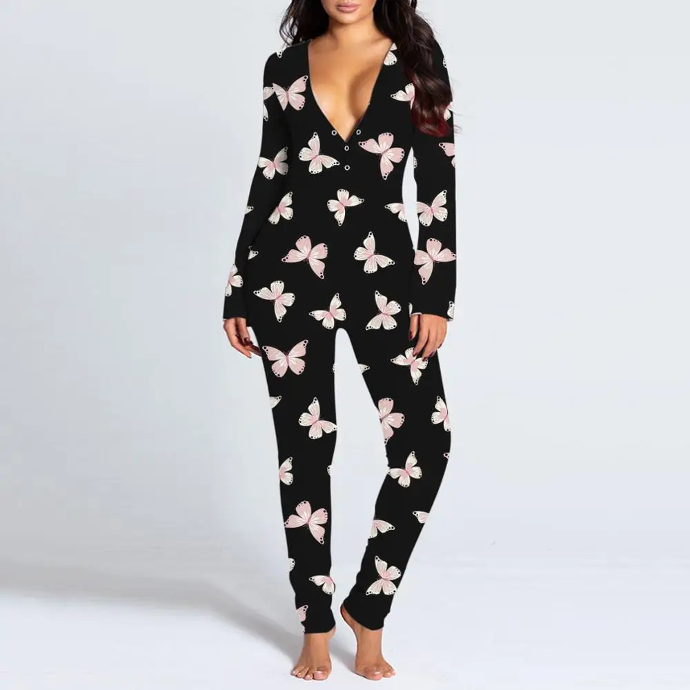 Sexy Žien Pijamas Onesies Tlačidlo nadol Otvorte Zadok Funkčné Buttoned Klapka tvaru Pyžamo Dospelých Jumpsuit Pyžamo Femme Sleepwear