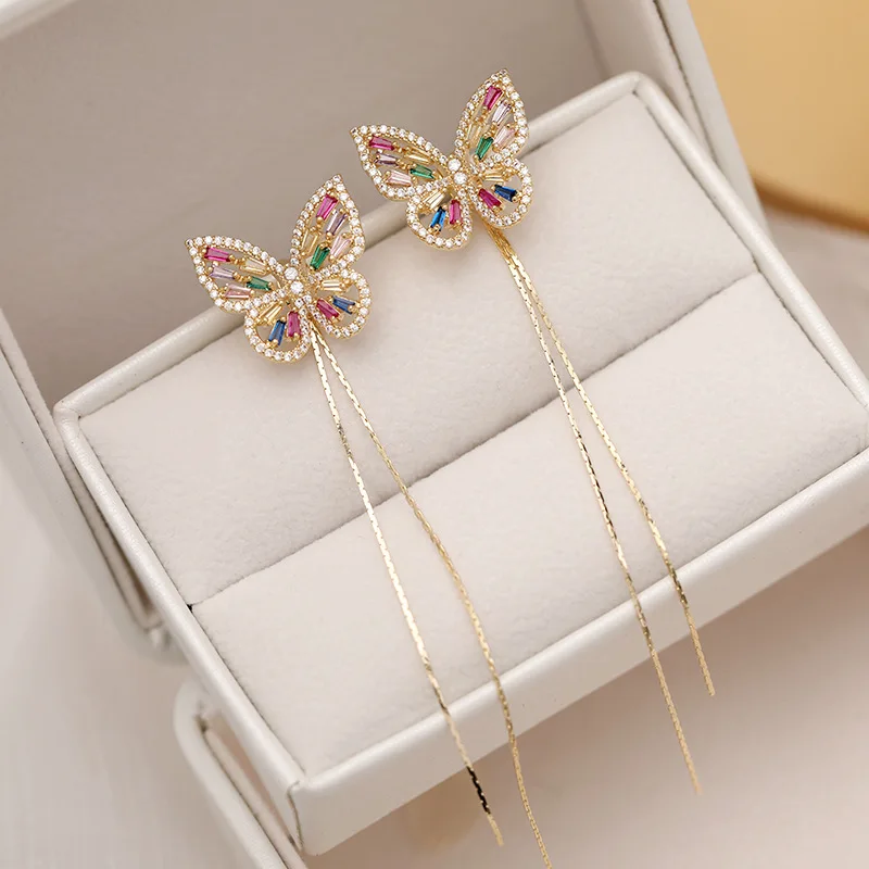 SINZRY hotsale elegantné šperky cubic zirconia motýľ strapec dámske náušnice kvapka kórejský sweety šperky