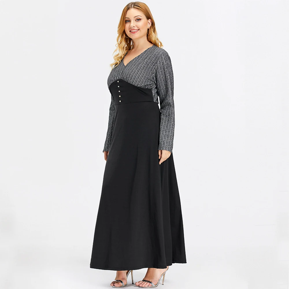Siskakia Maxi Šaty Jeseň 2020 Fashion Stripe Patchwork V Krku Dlhý Rukáv Plus Veľkosť Riadku Šaty Black Arabské Moslimské Oblečenie