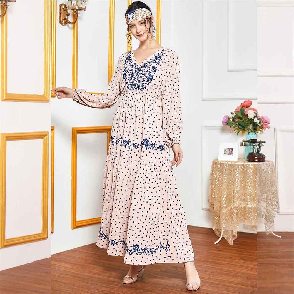 Siskakia Polka Dot Výšivky Dlhé Šaty Ružové V Krku Celý Rukáv Maxi Šaty Jeseň 2020 Ríše Swing Moslimských Arabský Odev Nové