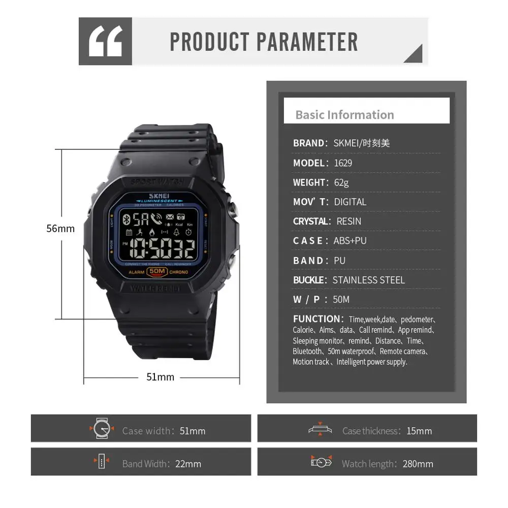 SKMEI Smartwatch Mužov Bluetooth Elektronické Hodinky Pánske Krokomer Kalórií Tracker Pre Huawei Iphone reloj inteligente Šport 1629
