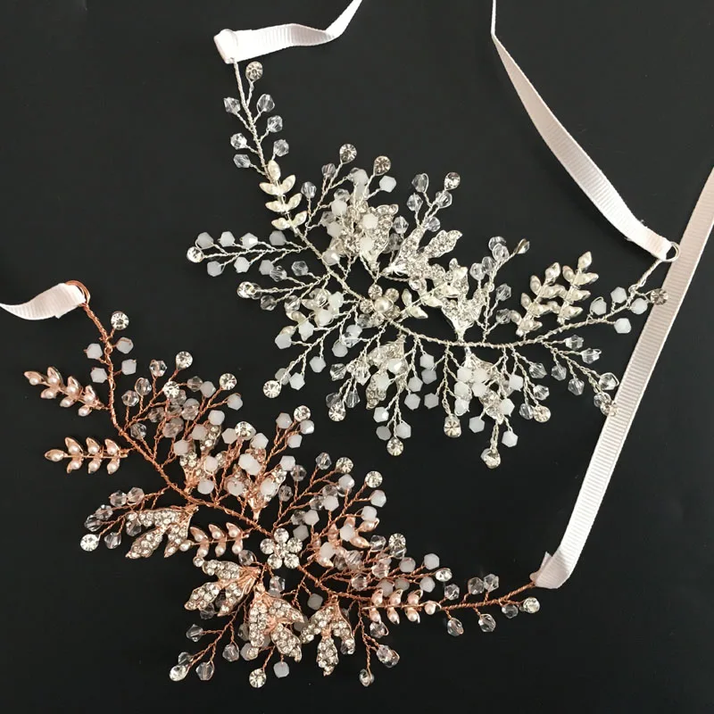 SLBRIDAL Ručné Crystal Kamienkami Perly Kvetinové Svadobné Tiara hlavový most Svadobné Vlasy Viniča Vlasy príslušenstvo Ženy Šperky
