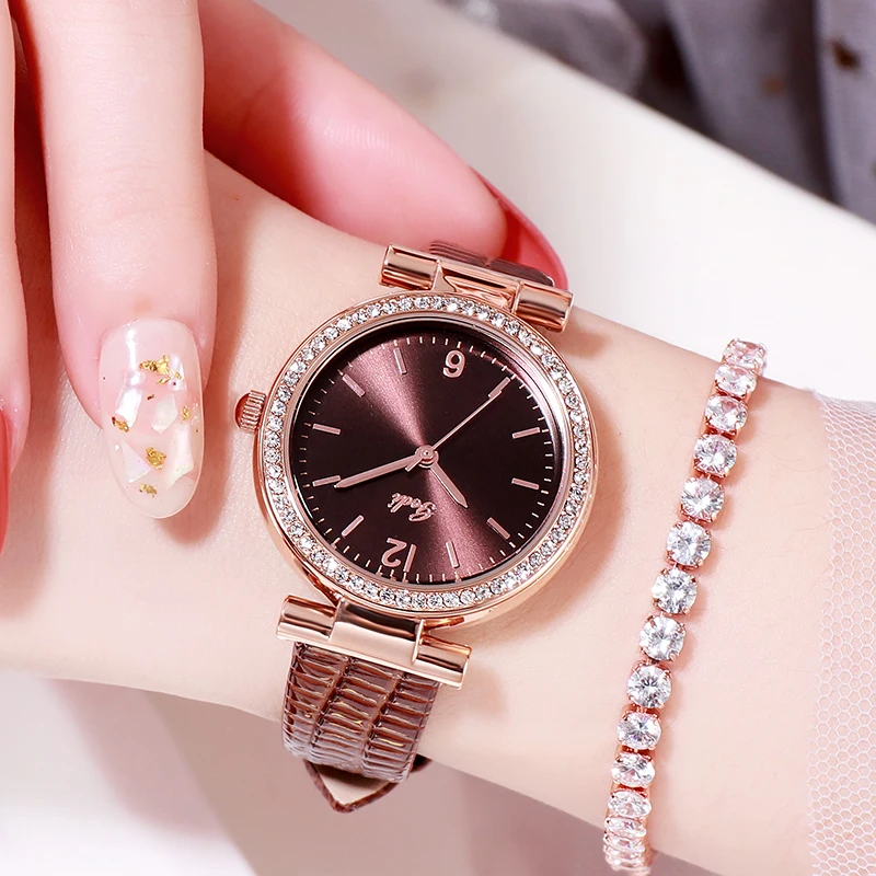 Sledujte ženy dámske hodinky luxusné Žena rose gold náramkové hodinky quartz kolo Kožený remienok Klasické čierne nepremokavé módne darček