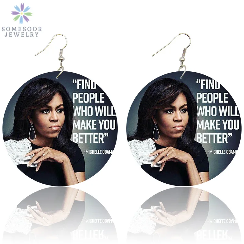 SOMESOOR AKA Ženy Dreva Drop Náušnice Čierne Leader Obama americká Prvá Dáma Michelle Afro Vytlačené Módne Ženy Visieť šperky