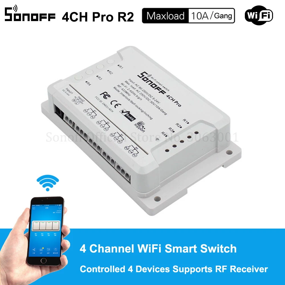 Sonoff 4CH Pro R2 10A /Gang 4 Kanálov, Wifi, Smart Switch 433 MHZ RF Diaľkové Wifi Osvetlenie, Prepínač Podporuje 4 Zariadenia Pracuje s Alexa