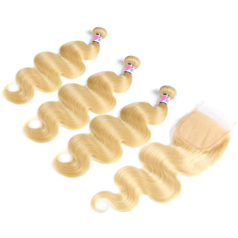 Stema 613 Blond Telo Vlna Stredný Pomer 3 Zväzky s 4x4 Čipky Uzavretie Brazílsky Remy Ľudské Vlasy Zväzok Weaves predlžovanie Vlasov