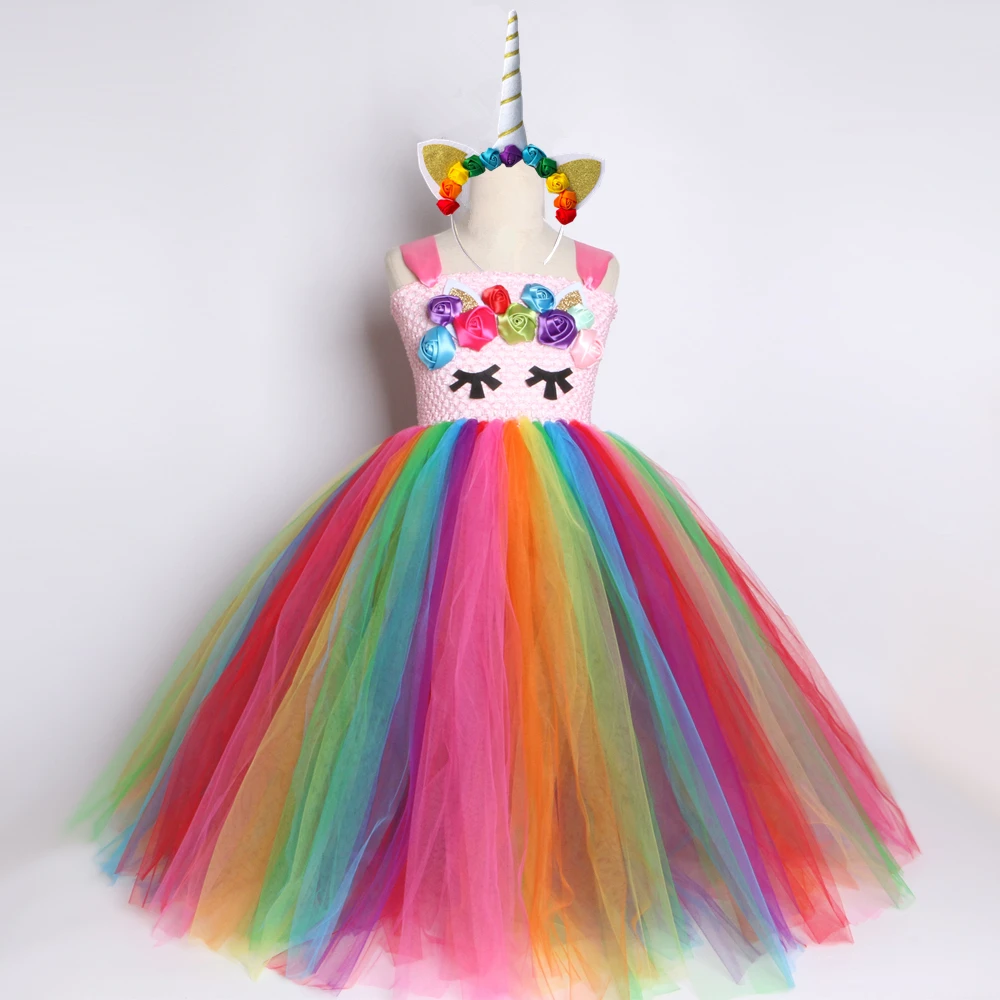 Svetlé Dúha Unicorn Tutu Šaty Princezná Kvet Dievča Narodeninovej Party Šaty Deti, Dievčatá Halloween Jednorožec Kostým Oblečenie 1-14Y