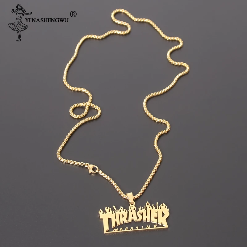 Thrasher Časopisu Plameň Prívesok Náhrdelník Mužov, Hip Hop, Rock Titán Nehrdzavejúcej Ocele Zlata Reťazca Náhrdelník Módne Šperky Mužov
