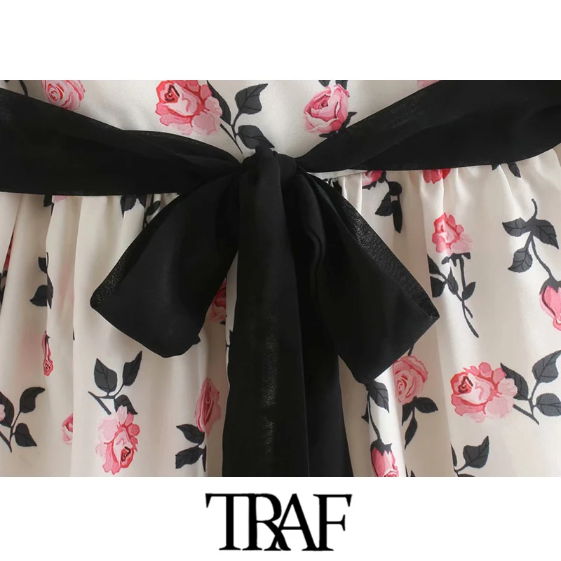 TRAF Ženy Elegantný Módny Pás Kvetinový Tlač Rozstrapatené Mini Šaty Vintage Krátky Rukáv Späť na Zips Ženské Šaty Mujer