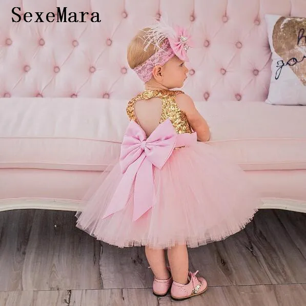 Trblietky ružová plesové šaty tutu princezná dieťa 1 rok Narodeninovej party šaty bling Zlatými flitrami otvor späť luk kvetina dievča šaty