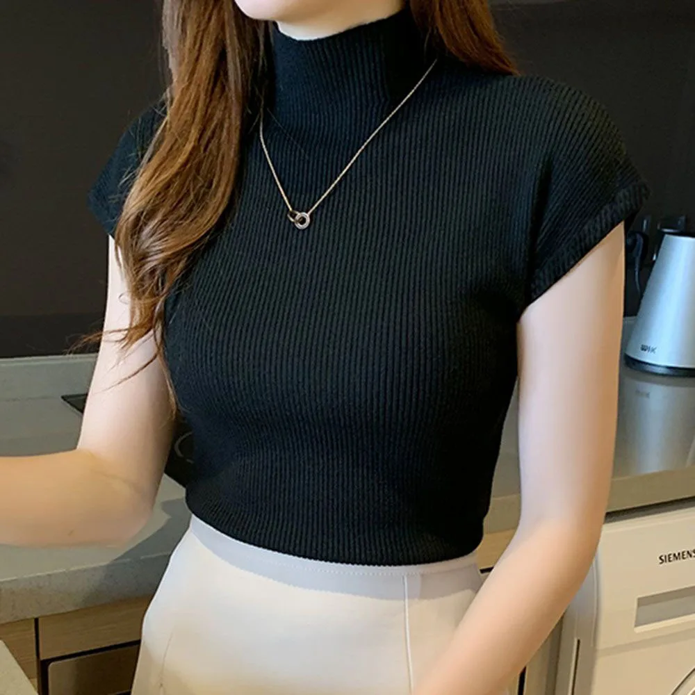 Turtleneck Ženy Zrastov Tričko Kórejský 2020 Lete Krátky Rukáv Pevné Knitwear Žena Slim Fit Topy Tee Elegantné Dámy T-Shirts