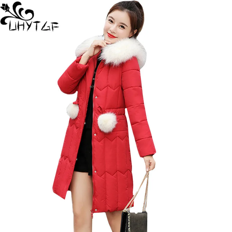 UHYTGF kožušiny golier zimné bavlna bundy ženy strednej dĺžky kórejský voľné 5XL plus veľkosť kabát zahustiť nadol bunda teplé vrchné oblečenie 1783