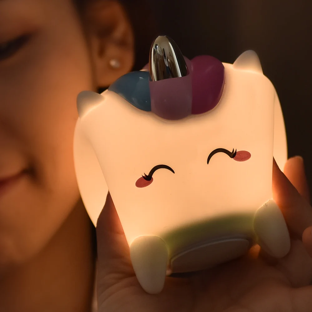 Unicorn LED Nočné Svetlo Dotykový Snímač Farebné Časovač USB Nabíjateľné Cartoon Silikónové Nočná Lampa pre Deti detský Baby Darček