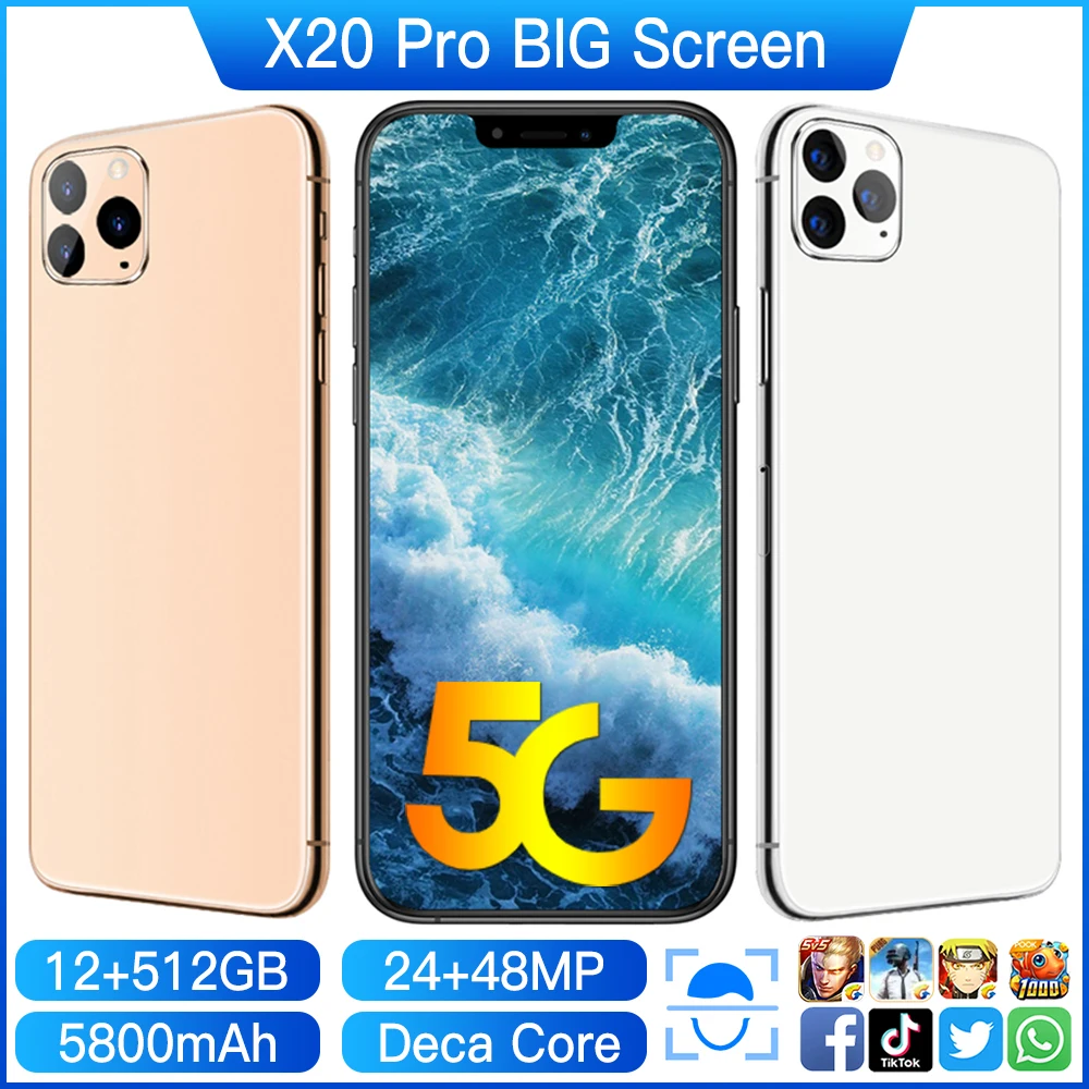Univerzálny X20 Pro 6.9 Palcové Smartphony Android 12 GB +512 gb diskom 10-Core 5G mobilné telefóny MTK6889 HD+ Tri Fotoaparát, Dual SIM Mobilný Telefón